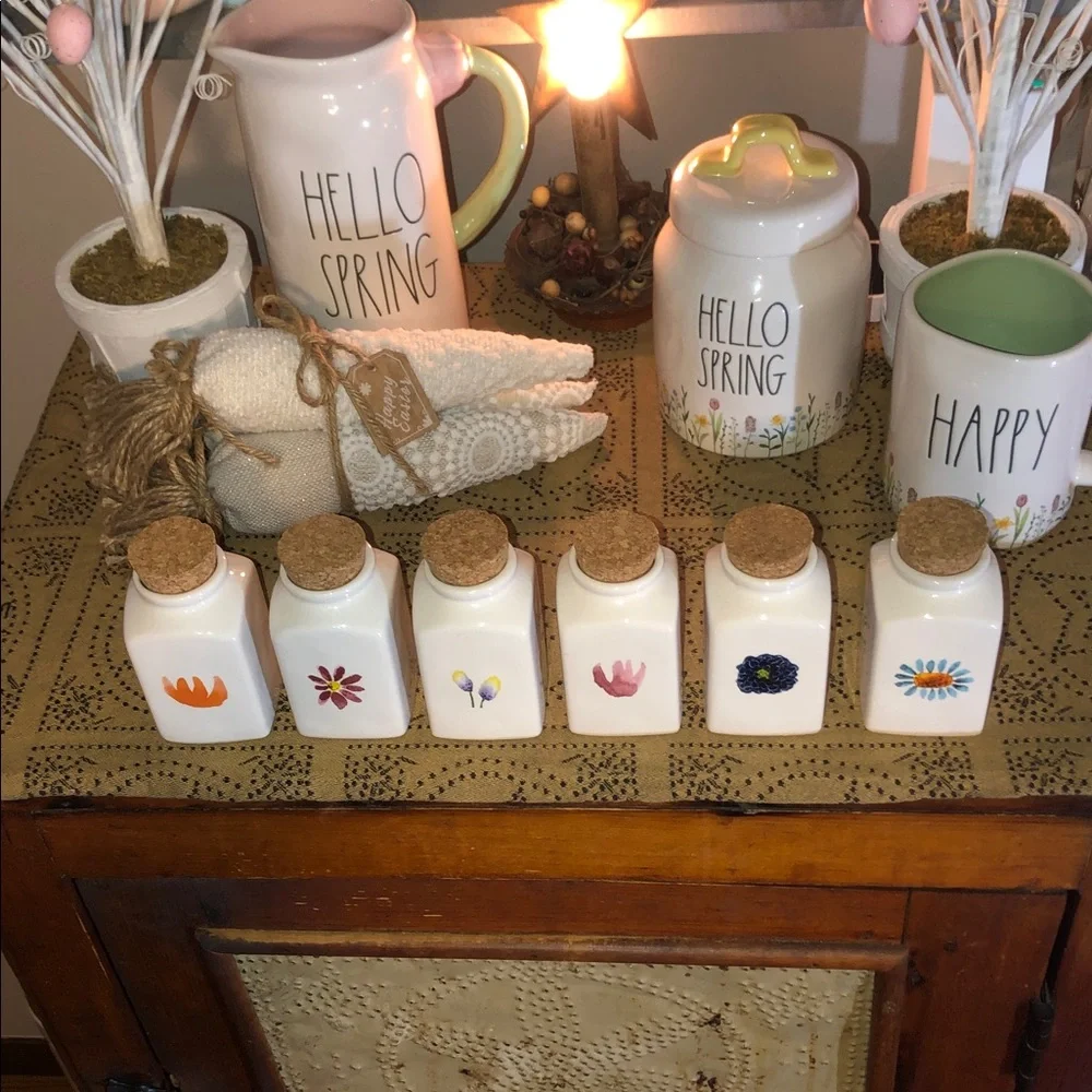 Rae Dunn Cream Ceramic Spice Jars with Colorful Floral Accents
